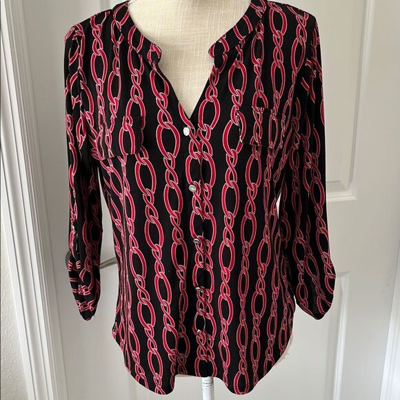 Adrienne Vittadini Red&Black Chain Pattern Buttoned Blouse with Mandarin Collar - Picture 1 of 10